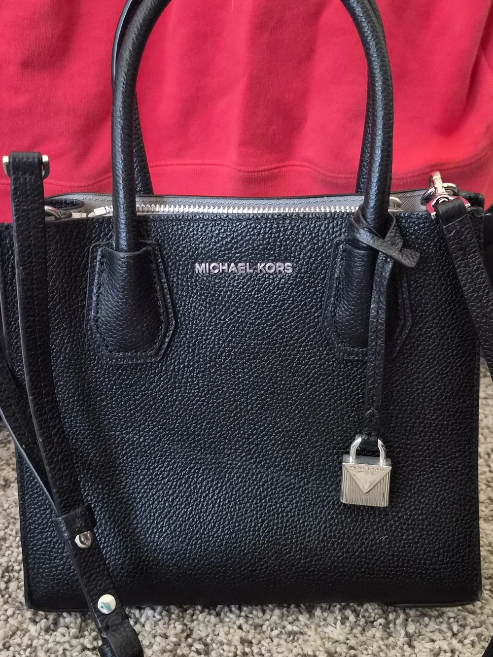 Michael Kors Mercer Small Black Pebbled Leather Satchel Crossbody Purse Silver